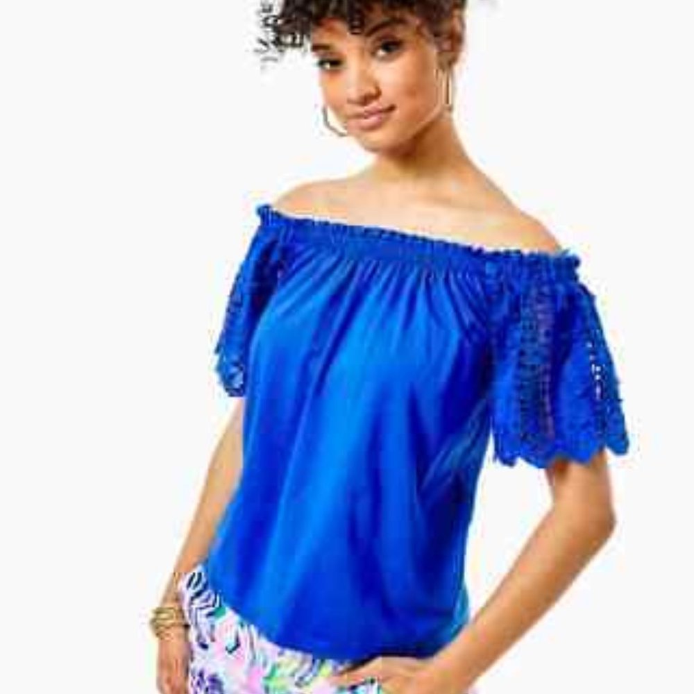 NWT Lilly Pulitzer FAYETTE TOP Off The Shoulder Baha Blue Eyelet Sleeve Size S